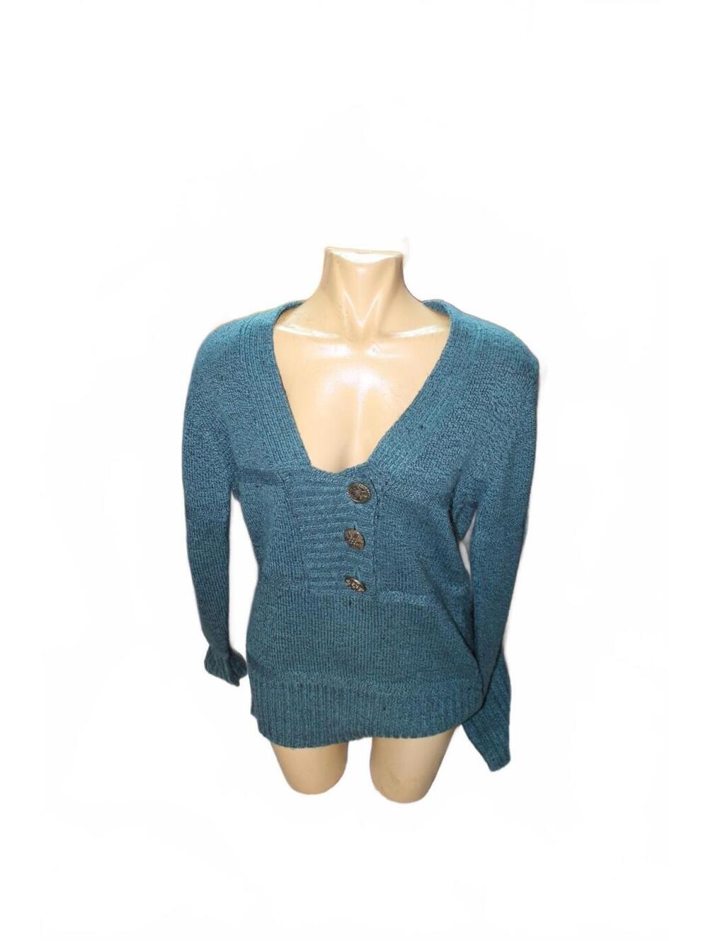 BKE Blue Knit V-Neck Sweater with Button Detail